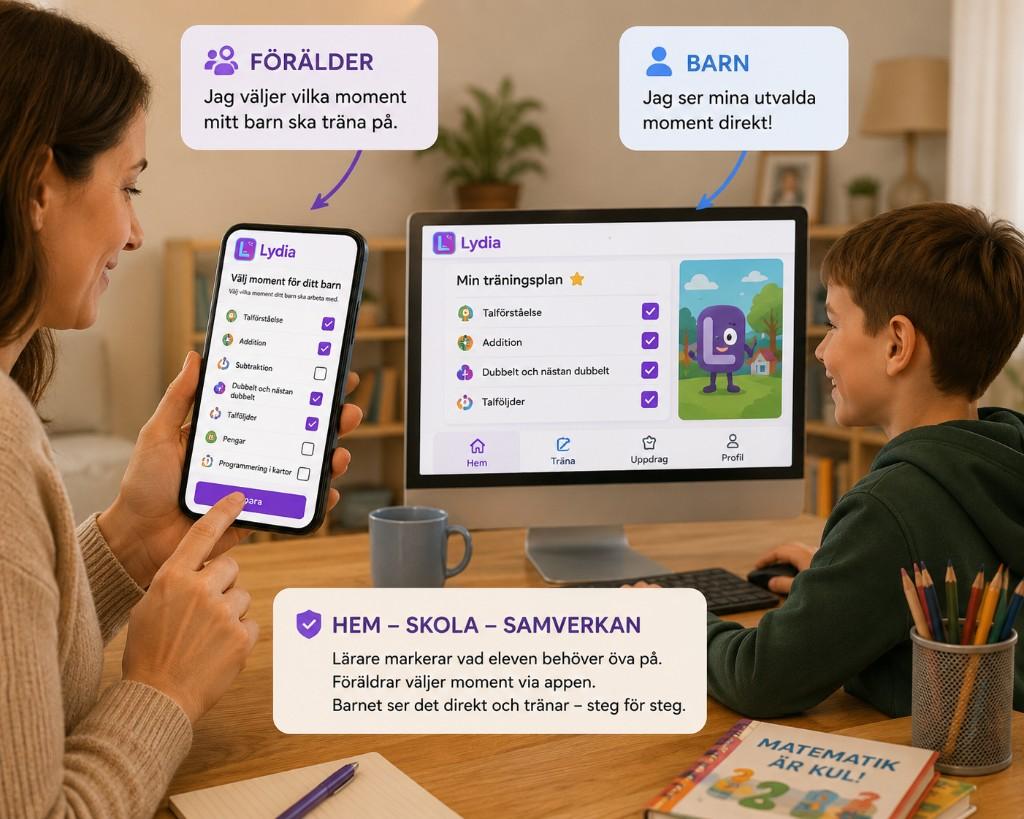 Hem–skola–samverkan: förälder väljer moment i Lydia-appen, barnet ser sin träningsplan direkt på datorn. Lärare markerar vad eleven behöver öva på.