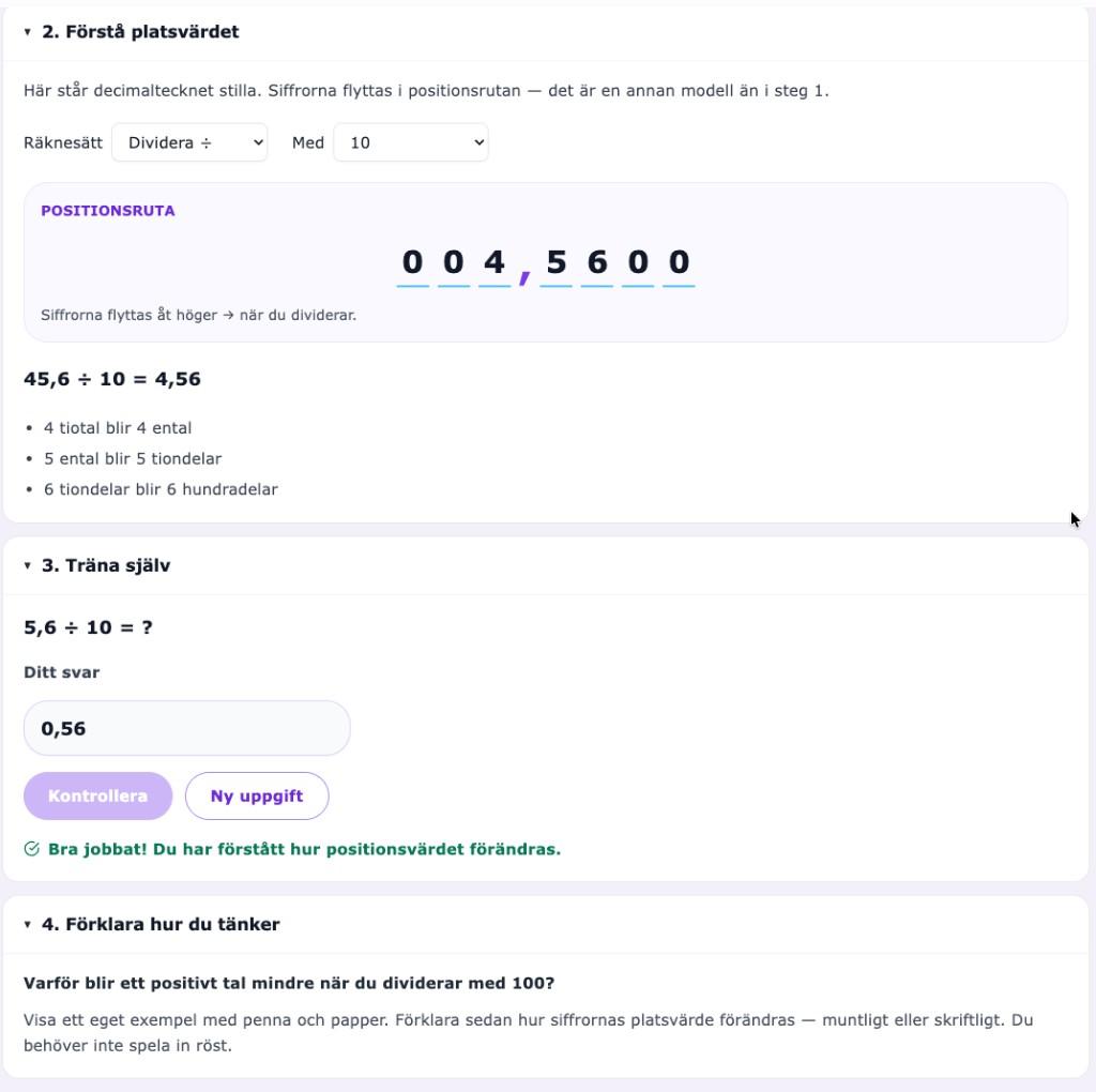 Lydias positionsruta visar hur siffrorna i 45,6 flyttas när talet divideras med 10, följt av en egen uppgift och en fråga om att förklara.