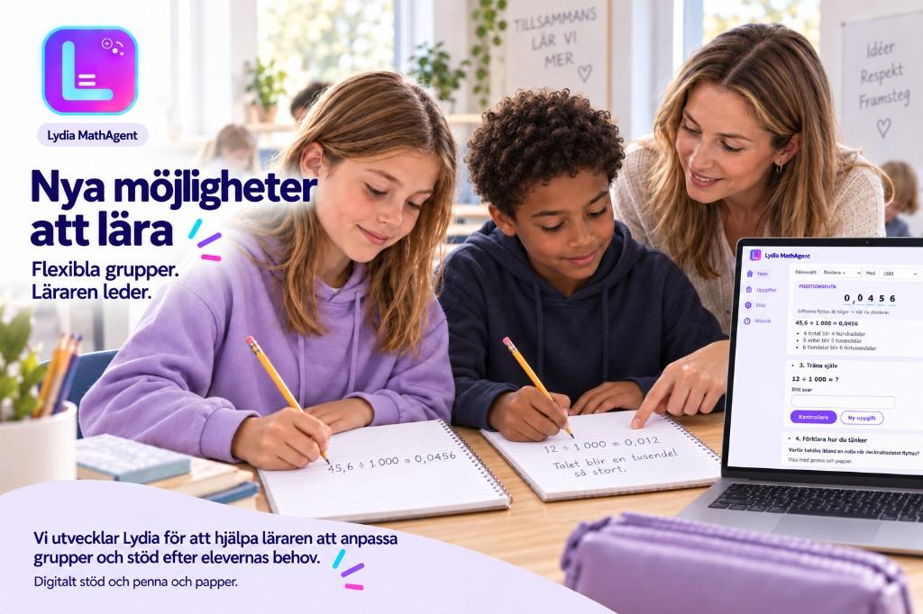Lydia MathAgent i klassrummet – lärare stöttar elever som räknar med penna och papper vid dator med digitalt matematikstöd